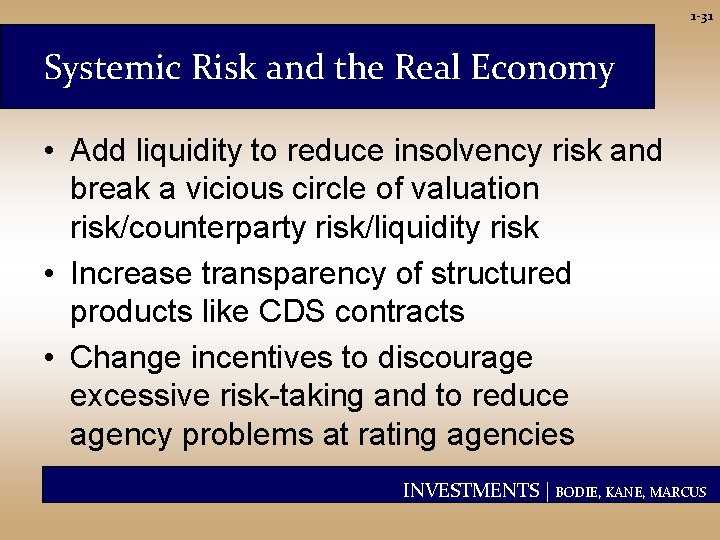 1 -31 Systemic Risk and the Real Economy • Add liquidity to reduce insolvency