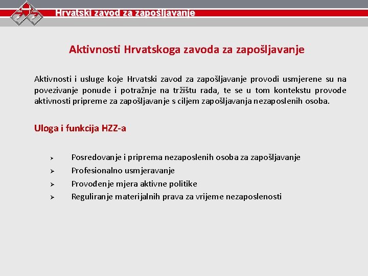 Hrvatski zavod za zapošljavanje Aktivnosti Hrvatskoga zavoda za zapošljavanje Aktivnosti i usluge koje Hrvatski