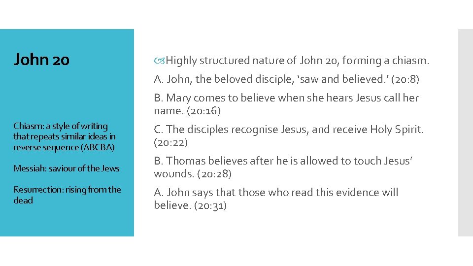 John 20 Highly structured nature of John 20, forming a chiasm. A. John, the
