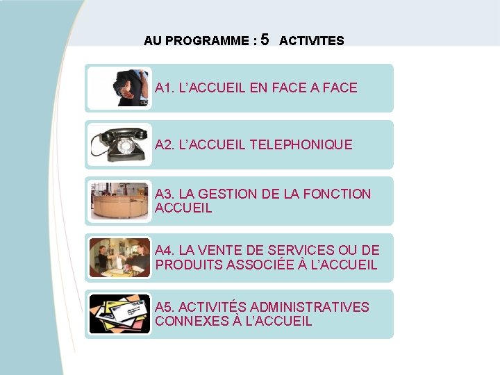 AU PROGRAMME : 5 ACTIVITES A 1. L’ACCUEIL EN FACE A 2. L’ACCUEIL TELEPHONIQUE