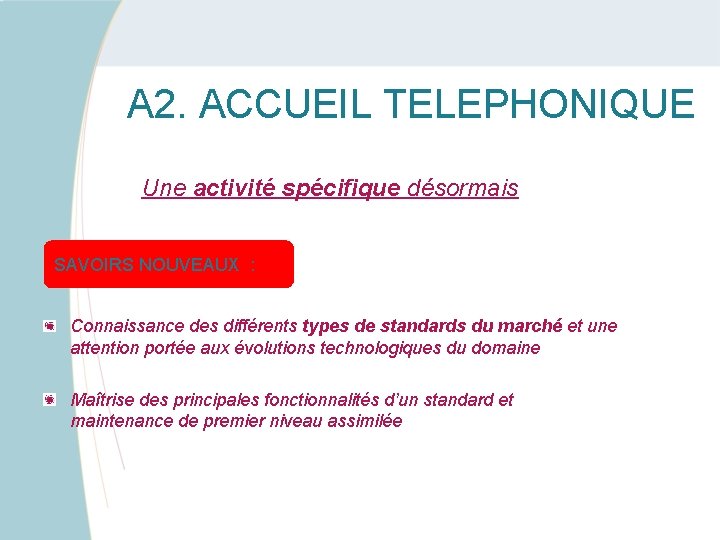  A 2. ACCUEIL TELEPHONIQUE Une activité spécifique désormais SAVOIRS NOUVEAUX : Connaissance des