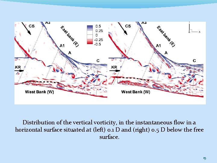 Distribution of the vertical vorticity, in the instantaneous flow in a horizontal surface situated