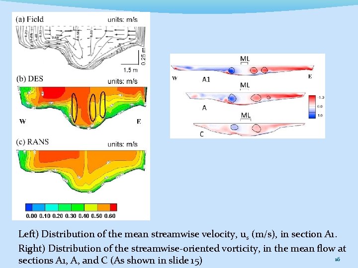 Left) Distribution of the mean streamwise velocity, us (m/s), in section A 1. Right)