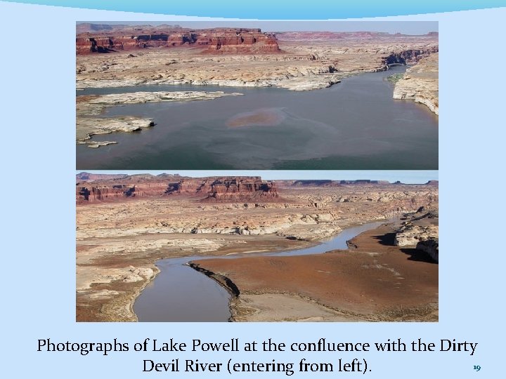 Photographs of Lake Powell at the confluence with the Dirty 19 Devil River (entering