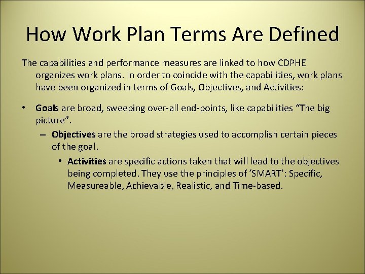 How Work Plan Terms Are Defined The capabilities and performance measures are linked to