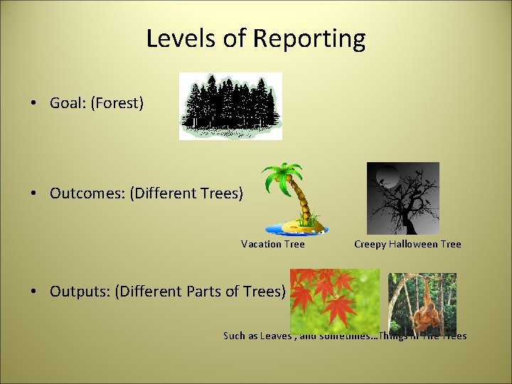 Levels of Reporting • Goal: (Forest) • Outcomes: (Different Trees) Vacation Tree Creepy Halloween