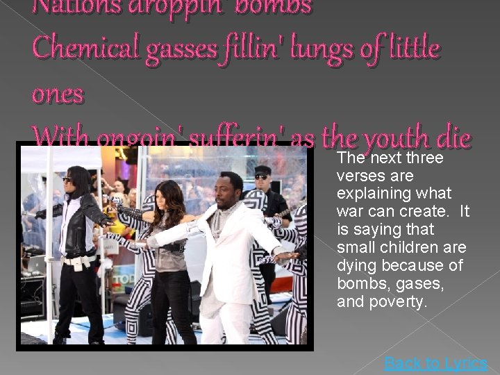 Nations droppin' bombs Chemical gasses fillin' lungs of little ones With ongoin' sufferin' as