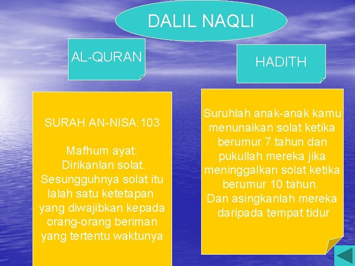 DALIL NAQLI AL-QURAN SURAH AN-NISA: 103 Mafhum ayat: Dirikanlan solat. Sesungguhnya solat itu Ialah
