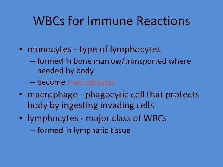 WBCs for Immune Reactions • monocytes - type of lymphocytes – formed in bone
