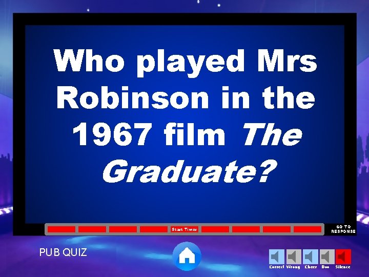 Who played Mrs Robinson in the 1967 film The Graduate? GO TO RESPONSE Start