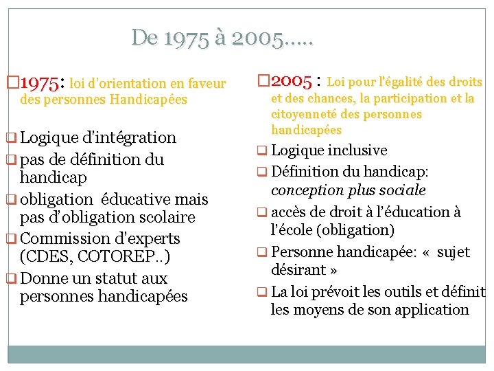 De 1975 à 2005…. . � 1975: loi d’orientation en faveur � 2005 :