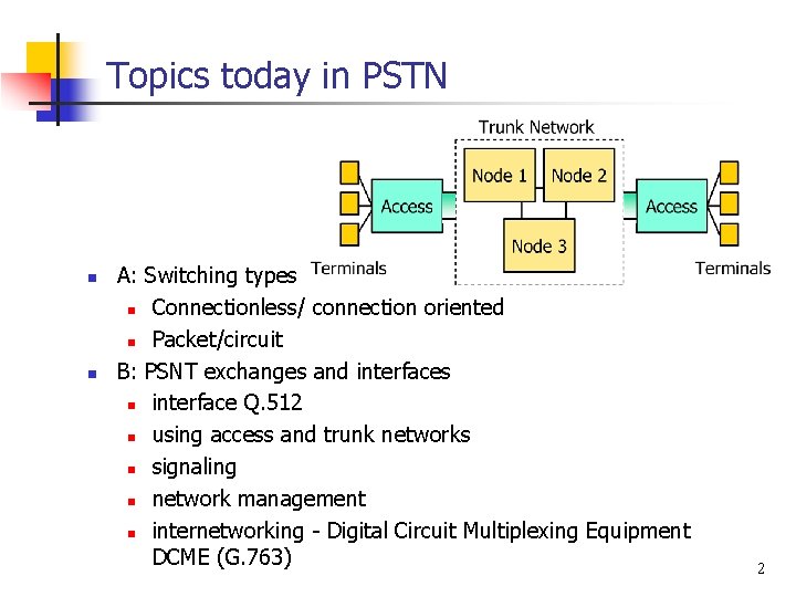 Topics today in PSTN n n A: Switching types n Connectionless/ connection oriented n