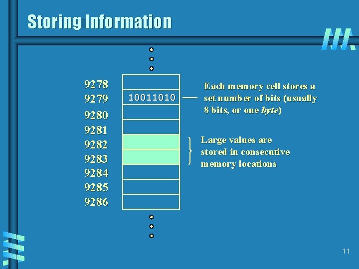 Storing Information 9278 9279 9280 9281 9282 9283 9284 9285 9286 10011010 Each memory