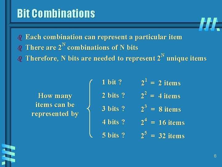 Bit Combinations b b b Each combination can represent a particular item There are