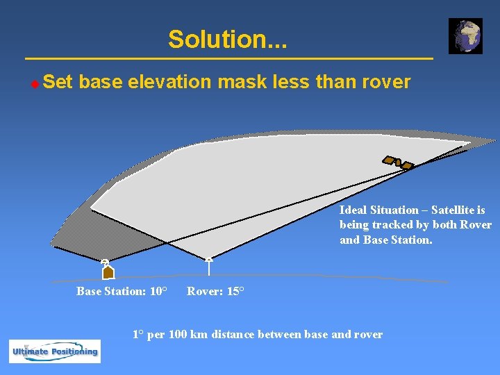 Solution. . . u Set base elevation mask less than rover Ideal Situation –