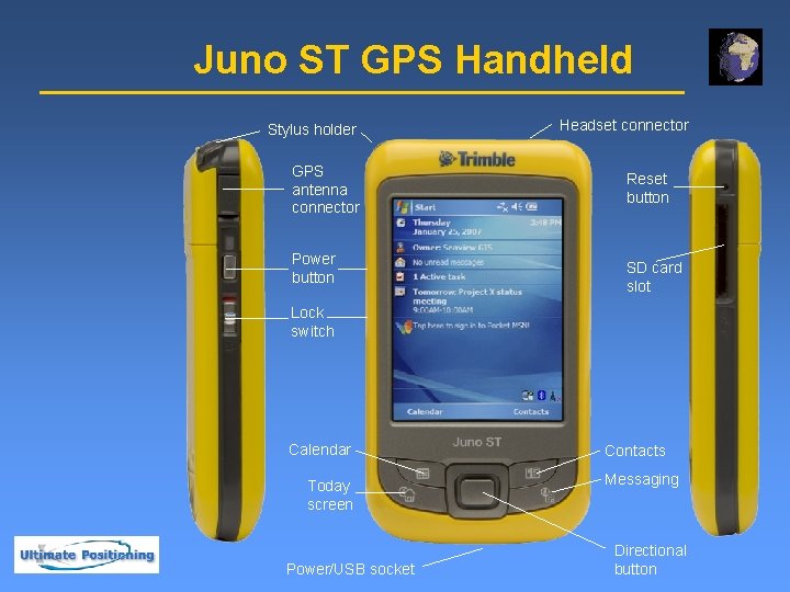 Juno ST GPS Handheld Stylus holder GPS antenna connector Power button Headset connector Reset