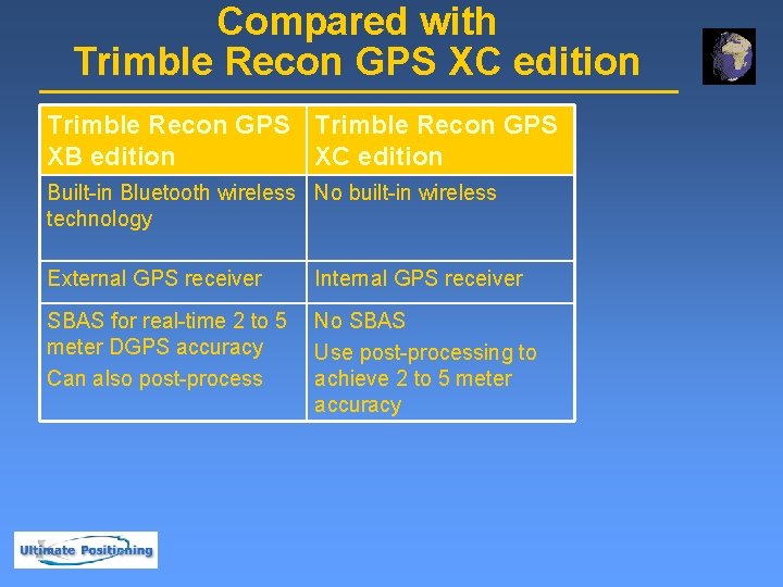 Compared with Trimble Recon GPS XC edition Trimble Recon GPS XB edition XC edition