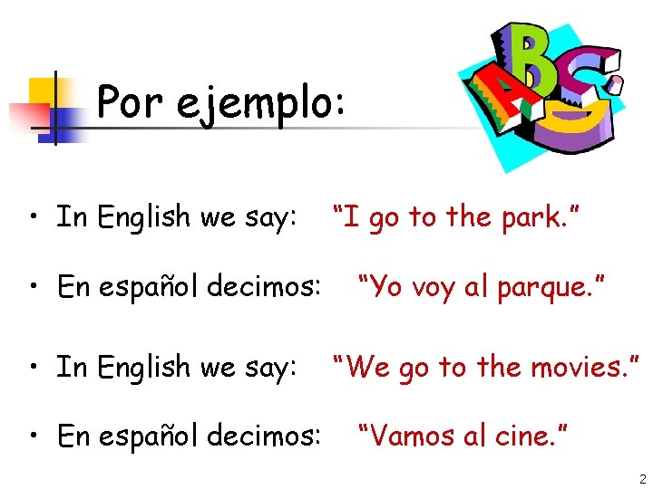 Por ejemplo: • In English we say: • En español decimos: “I go to