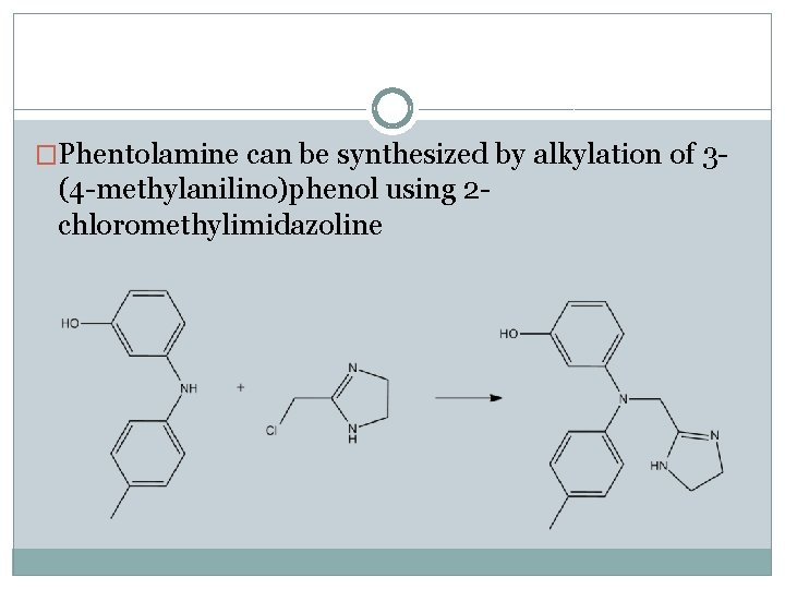 �Phentolamine can be synthesized by alkylation of 3 - (4 -methylanilino)phenol using 2 chloromethylimidazoline