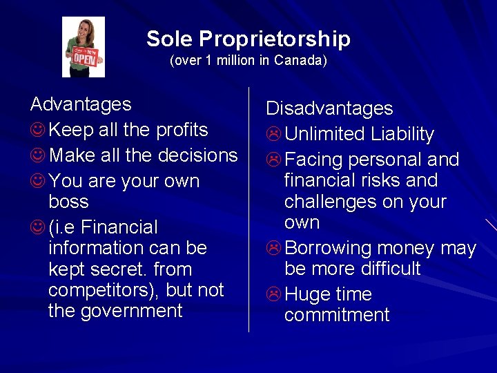 Sole Proprietorship (over 1 million in Canada) Advantages J Keep all the profits J