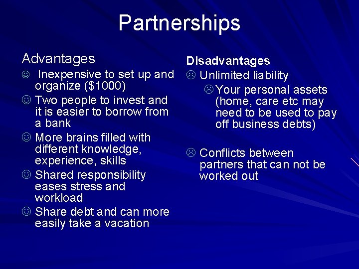 Partnerships Advantages Disadvantages J Inexpensive to set up and L Unlimited liability organize ($1000)