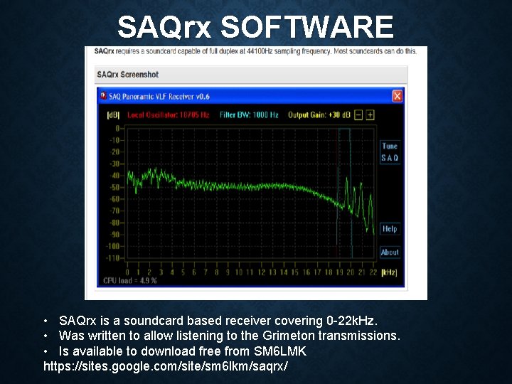 SAQrx SOFTWARE • SAQrx is a soundcard based receiver covering 0 -22 k. Hz.