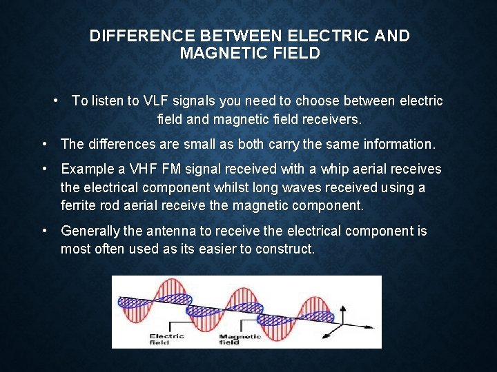 DIFFERENCE BETWEEN ELECTRIC AND MAGNETIC FIELD • To listen to VLF signals you need