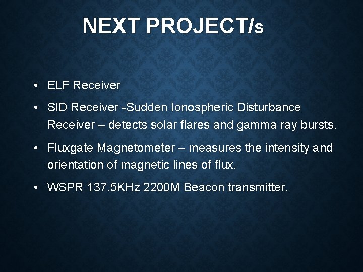 NEXT PROJECT/S • ELF Receiver • SID Receiver -Sudden Ionospheric Disturbance Receiver – detects