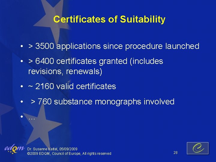 Certificates of Suitability • > 3500 applications since procedure launched • > 6400 certificates