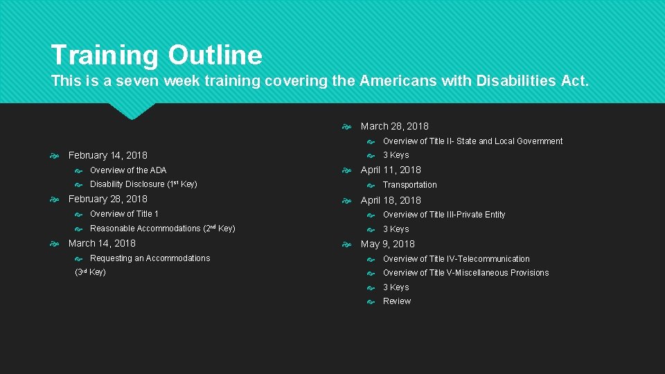 Training Outline This is a seven week training covering the Americans with Disabilities Act.