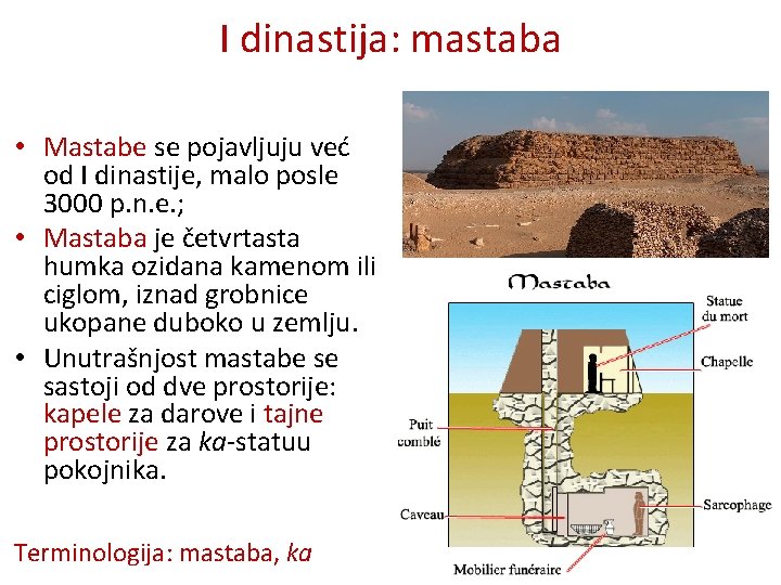 I dinastija: mastaba • Mastabe se pojavljuju već od I dinastije, malo posle 3000