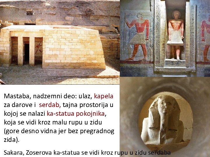 Mastaba, nadzemni deo: ulaz, kapela za darove i serdab, tajna prostorija u kojoj se