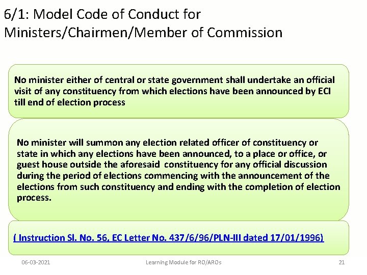 6/1: Model Code of Conduct for Ministers/Chairmen/Member of Commission No minister either of central