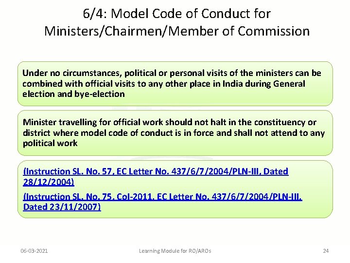 6/4: Model Code of Conduct for Ministers/Chairmen/Member of Commission Under no circumstances, political or