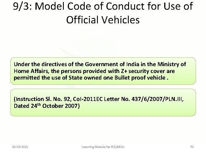 9/3: Model Code of Conduct for Use of Official Vehicles Under the directives of