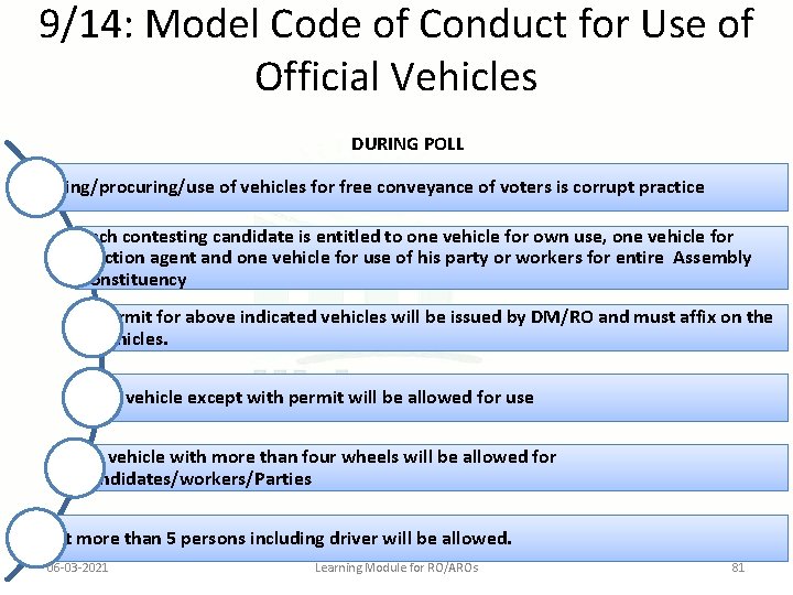 9/14: Model Code of Conduct for Use of Official Vehicles DURING POLL Hiring/procuring/use of