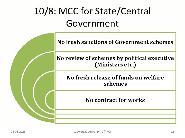 10/8: MCC for State/Central Government No fresh sanctions of Government schemes No review of