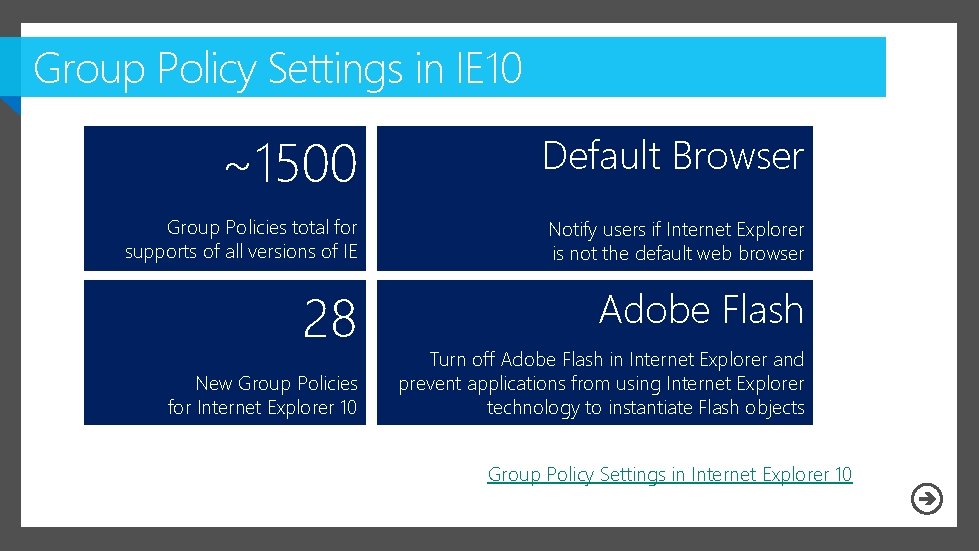 Group Policy Settings in IE 10 ~1500 Default Browser Group Policies total for supports