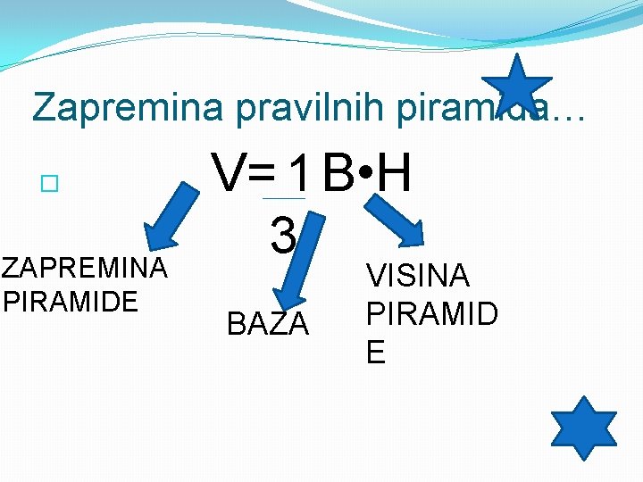 Zapremina pravilnih piramida… V= 1 B • H 3 ZAPREMINA � PIRAMIDE BAZA VISINA