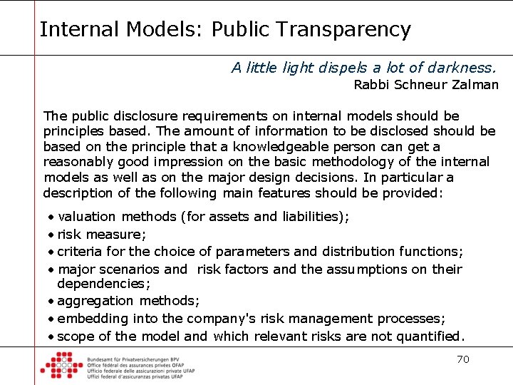 Internal Models: Public Transparency A little light dispels a lot of darkness. Rabbi Schneur