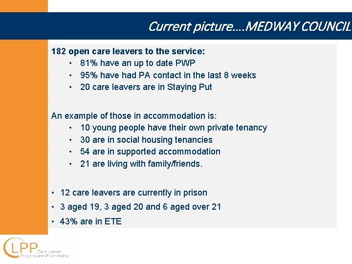 Current picture…. MEDWAY COUNCIL 182 open care leavers to the service: • 81% have