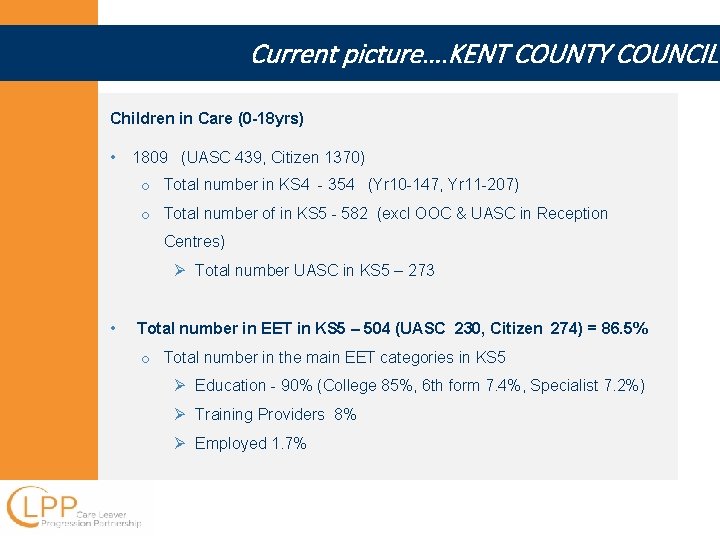 Current picture…. KENT COUNTY COUNCIL Children in Care (0 -18 yrs) • 1809 (UASC