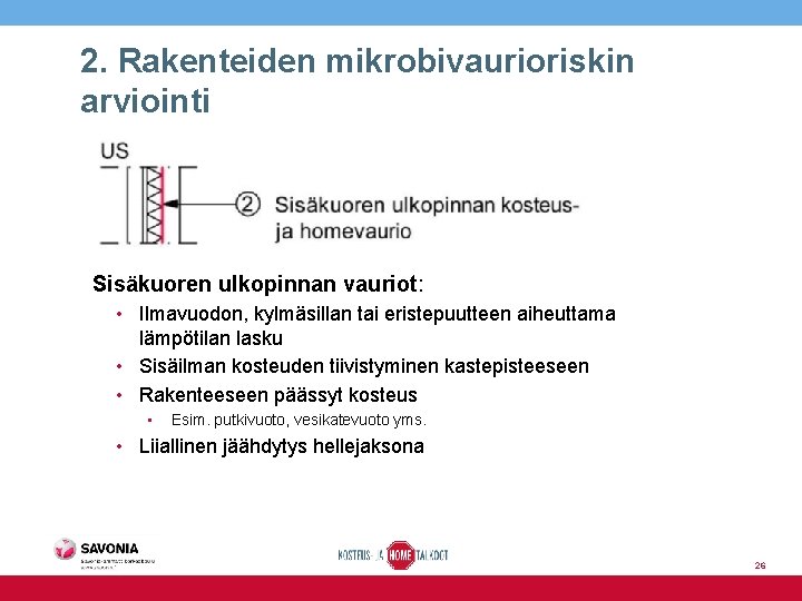 2. Rakenteiden mikrobivaurioriskin arviointi Sisäkuoren ulkopinnan vauriot: • Ilmavuodon, kylmäsillan tai eristepuutteen aiheuttama lämpötilan