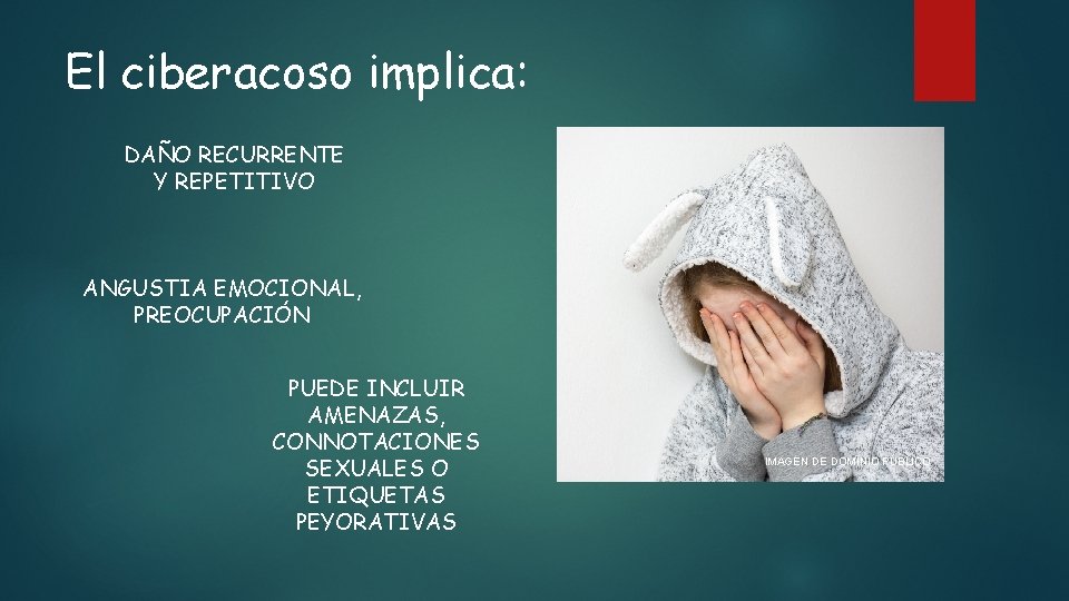 El ciberacoso implica: DAÑO RECURRENTE Y REPETITIVO ANGUSTIA EMOCIONAL, PREOCUPACIÓN PUEDE INCLUIR AMENAZAS, CONNOTACIONES