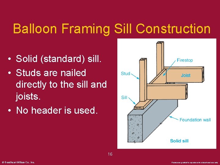 Balloon Framing Sill Construction • Solid (standard) sill. • Studs are nailed directly to
