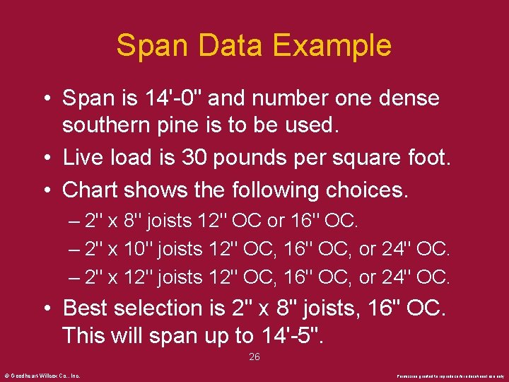 Span Data Example • Span is 14'-0" and number one dense southern pine is