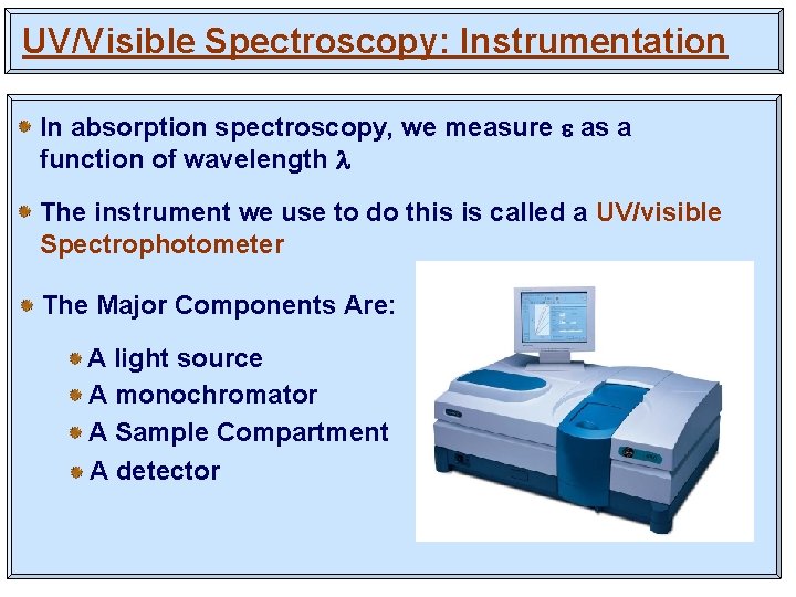 UV/Visible Spectroscopy: Instrumentation In absorption spectroscopy, we measure as a function of wavelength The