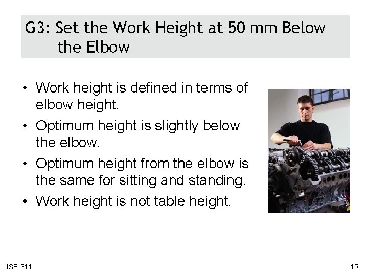 G 3: Set the Work Height at 50 mm Below the Elbow • Work