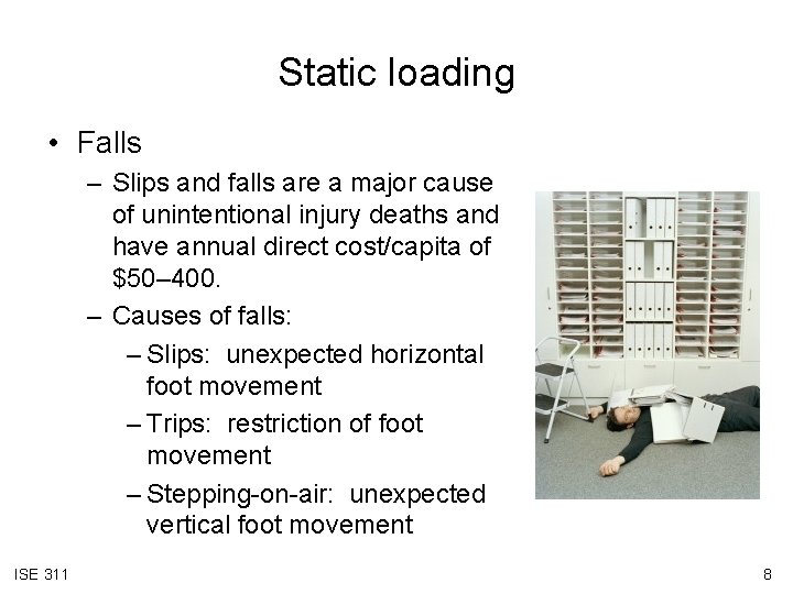 Static loading • Falls – Slips and falls are a major cause of unintentional