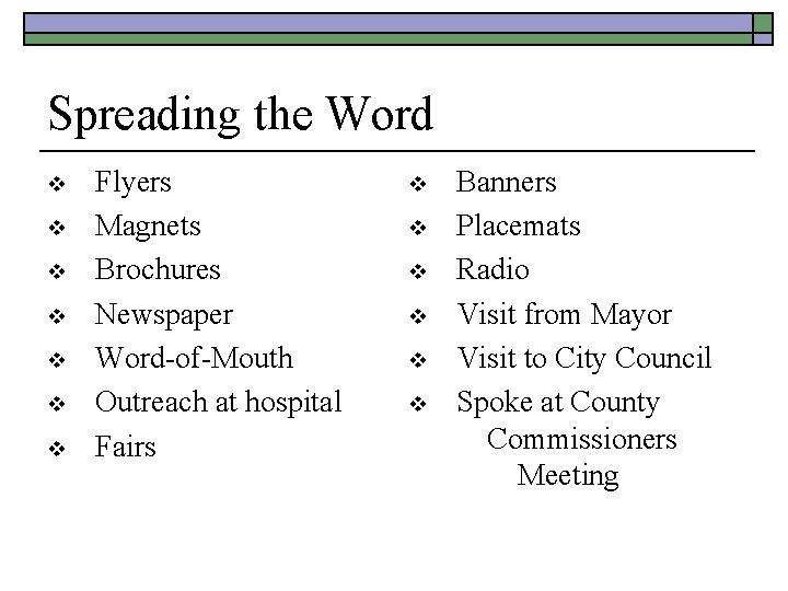 Spreading the Word v v v v Flyers Magnets Brochures Newspaper Word-of-Mouth Outreach at